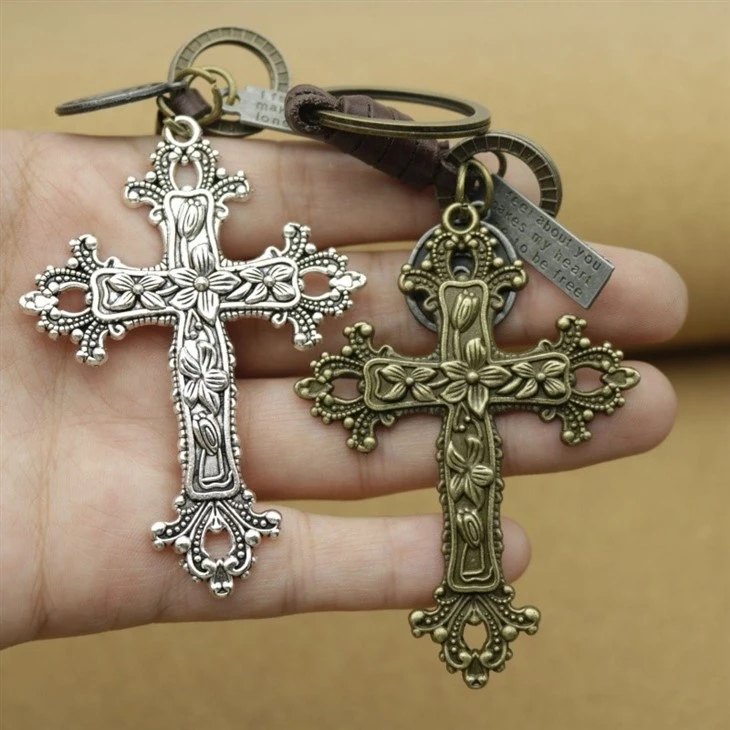 Bronze Cross Keychain | Retro Knitting Leather Mens Gift high quality